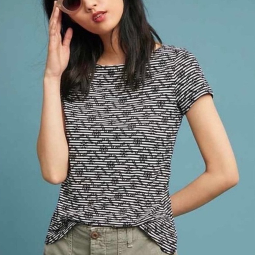 Anthro Postmark Bennett Embroidered Top Stripes and Floral XL black and white
